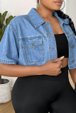 Light Blue Casual Solid Color Pocket Buckle Turndown Collar Plus Size Overcoat