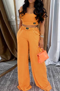 Tangerine Red Casual Solid Color Pocket O Neck Short Sleeve Two Pieces