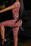 Red Sexy Print Backless O Neck Skinny Jumpsuits