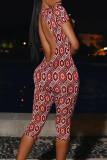 Red Sexy Print Backless O Neck Skinny Jumpsuits