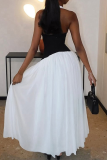 White Elegant Solid Color Backless Contrast Halter Long Dresses