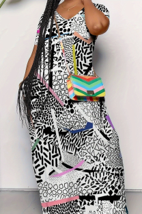 White Casual Print Pocket V Neck Long Plus Size Dresses