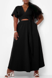 Black Casual Solid Color Pocket Strap Design V Neck Plus Size Two Pieces