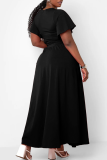 Black Casual Solid Color Pocket Strap Design V Neck Plus Size Two Pieces