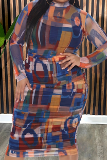 Blue Sexy Print Patchwork O Neck Wrapped Skirt Plus Size Dresses