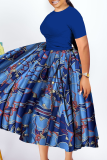 Rose Red Casual Print Ruched O Neck Long Plus Size Dresses