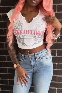 White Sexy Letters Patchwork Asymmetrical Collar T-Shirts