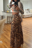 Leopard Print Casual Print Patchwork O Neck Long Sleeve Two Pieces