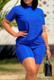 Blue Casual Solid Color Patchwork O Neck Short Sleeve Two Pieces