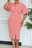 Yellow Elegant Solid Color Slit With Belt V Neck Wrapped Skirt Dresses