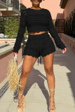 Black Casual Solid Color Draw String O Neck Long Sleeve Two Pieces