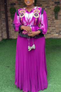Purple Elegant Print With Belt Pleated V Neck Plus Size Two Pieces