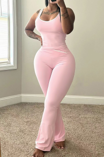 Pink Sportswear Solid Color Patchwork U Neck Sleeveless Two Pieces