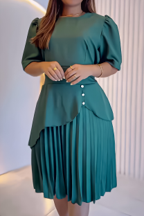 Malachite Green Elegant Solid Color Pleated O Neck Long Dresses