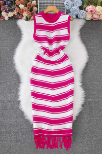 Rose Red Elegant Stripe Fringed Trim O Neck Long Dresses