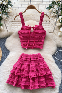Rose Red Vacation Solid Color Flounce Spaghetti Strap Sleeveless Two Pieces