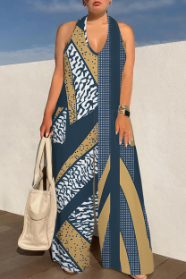Dark Blue Casual Print Backless Halter Loose Jumpsuits