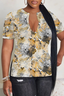 Light Yellow Casual Print Slit V Neck T-Shirts