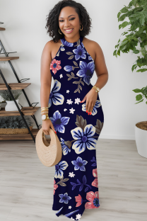 Navy Blue Casual Print Patchwork O Neck Long Dresses