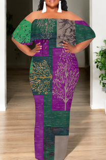 Purple Casual Print Patchwork Off Shoulder Long Dresses