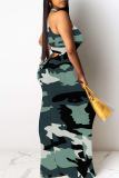 Gray Green Casual Camouflage Print Patchwork O Neck Long Dresses