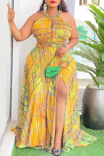 Yellow Sexy Print Slit Beading Zipper O Neck Long Plus Size Dresses