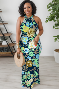 Turquoise Casual Print Patchwork O Neck Long Dresses