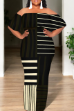 Black Casual Print Patchwork Off Shoulder Long Dresses