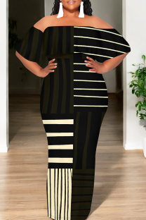 Black Casual Print Patchwork Off Shoulder Long Dresses