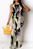 Gray Green Casual Camouflage Print Patchwork O Neck Long Dresses
