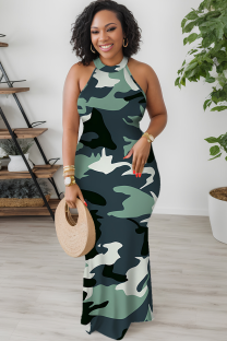 White Green Casual Camouflage Print Patchwork O Neck Long Dresses