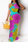 Pink Purple Sexy Print Patchwork O Neck Long Dresses