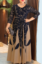 Yellow Elegant Print Patchwork O Neck Long Plus Size Dresses