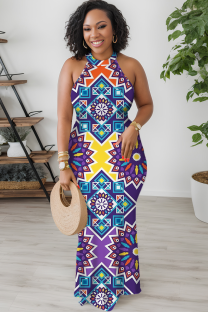 Blue Purple Casual Print Patchwork O Neck Long Dresses