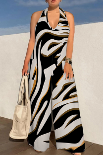 Black Casual Print Backless Halter Loose Jumpsuits