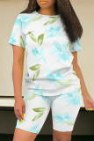 Blue Purple Casual Print Patchwork O Neck Short Sleeve Two Pieces