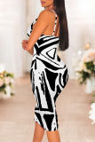 Black Sexy Print Patchwork Spaghetti Strap Wrapped Skirt Dresses
