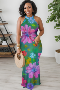 Green Sexy Print Patchwork O Neck Long Dresses