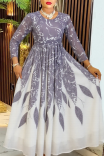 White Elegant Print Patchwork O Neck Long Plus Size Dresses