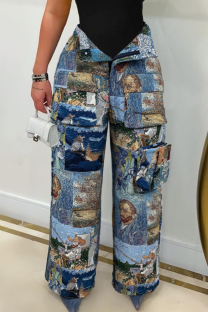 Light Blue Casual Jacquard Pocket Straight Mid Waist Conventional Patchwork Bottoms