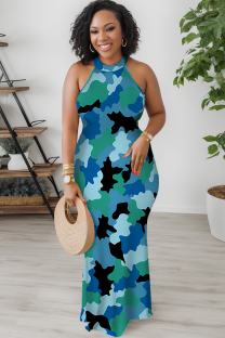 Turquoise Casual Camouflage Print Patchwork O Neck Long Dresses