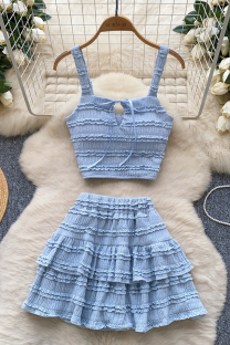 Blue Vacation Solid Color Flounce Spaghetti Strap Sleeveless Two Pieces
