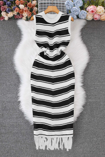 Black Elegant Stripe Fringed Trim O Neck Long Dresses