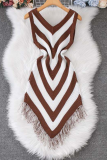 Coffee Sexy Stripe Fringed Trim O Neck Irregular Dresses