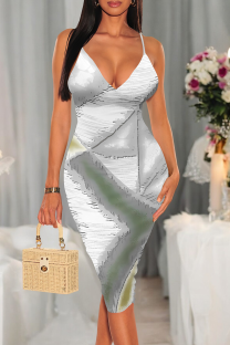 Gray White Sexy Print Patchwork Spaghetti Strap Wrapped Skirt Dresses