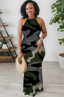 Gray Green Casual Camouflage Print Patchwork O Neck Long Dresses