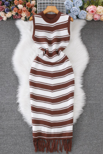 Coffee Elegant Stripe Fringed Trim O Neck Long Dresses