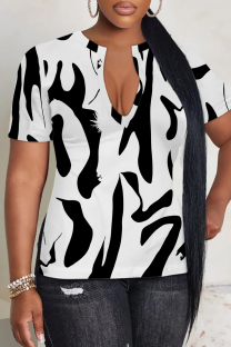 Black And White Casual Print Slit V Neck T-Shirts