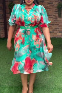 Green Elegant Print Cross Straps With Belt Turndown Collar Long Plus Size Dresses