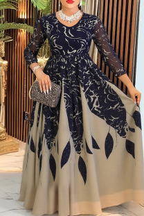 Light Green Elegant Print Patchwork O Neck Long Plus Size Dresses